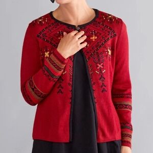 Peak of Elegance Reversible Embroidered Cardigan Red Black Alpaca Nordic Plus 1X